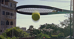 Tennis court, racket and equipment for sport, air and ball for competition, action and activity for match. Outdoor, field and object for game, empty and training for contest, fitness and speed