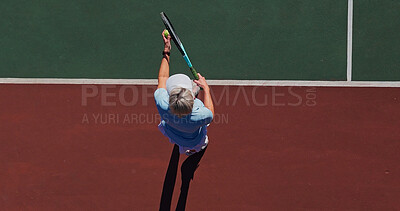Buy stock photo Start, serve and woman on outdoor tennis court with challenge, performance and game from above. Racket, ball and professional athlete at lines for fitness, wellness and competition at sports club