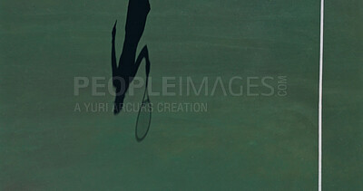 Buy stock photo Shadow, tennis court and athlete with training for match, challenge or championship with sports. Fitness, mockup space and silhouette player on field for outdoor game or exercise at competition.
