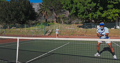 Buy stock photo Tennis, healthy and mature people with racket, performance and playing of game for fitness, exercise and active. Outdoor, training and athlete with equipment for workout, sport or confident for match