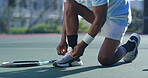 Hands, shoes and tie with person on tennis court for start of game, practice or training closeup. Fitness, exercise and sport with athlete getting ready outdoor at competition venue for tournament