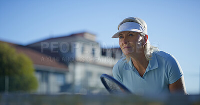 Buy stock photo Tennis, serve and sports with senior woman on court for game tournament, competition and start. Training, exercise and championship with elderly person in outdoors for athlete, fitness and even