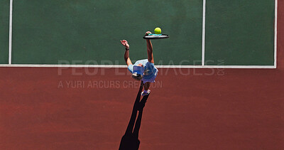 Buy stock photo Hit, serve and woman on outdoor tennis court with challenge, performance and game from above. Racket, ball and professional athlete at lines for fitness, wellness and competition at sports club