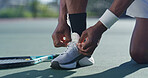 Fitness, shoes and tie with person on tennis court for start of game, practice or training closeup. Exercise, getting ready and sport with hands of athlete outdoor at competition venue for tournament