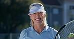 Happy, tennis and mature woman with sportswear, racket and playing of game for exercise and active. Outdoor, portrait and person with equipment for workout, athlete and healthy for sport and morning
