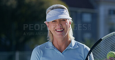 Buy stock photo Happy, tennis and mature woman with sportswear, racket and playing of game for exercise and active. Outdoor, portrait and person with equipment for workout, athlete and healthy for sport and morning