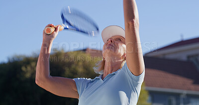 Buy stock photo Playing, tennis and mature woman with sportswear, racket and active for game for exercise and fitness. Outdoor, routine and person with equipment for workout, athlete and healthy for sport or morning