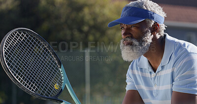 Buy stock photo Tennis, serve and racket with senior black man on court for sports tournament, competition and game. Training, exercise and championship with elderly person in outdoors for athlete, fitness and event