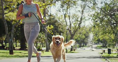 Buy stock photo Active, dog walking and running with woman in park for cardio exercise, fitness or health hobby. Leash training, obedience and pet performance with animal owner outdoor in nature for summer workout