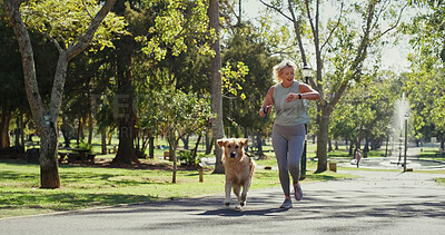 Buy stock photo Dog walking, running and watch with woman in park for cardio exercise, fitness or health hobby. Leash training, pet obedience and time with mature animal owner outdoor in nature for summer workout