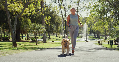 Buy stock photo Park, woman and smile for running with dog for fitness, exercise and workout in England. Mature person, outdoor and happy with jog as pet owner or animal on with adoption, support and self care