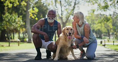 Buy stock photo Park, couple and laughing with dog for walking with fitness, exercise and workout. Outdoor, mature people and smile in relationship as pet owners for animal adoption with bonding, support and care