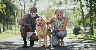 Buy stock photo Park, couple and happy on portrait with dog for walking with self care, support and fitness. Mature people, interracial relationship and smile outdoor with pet or animal for health and exercise