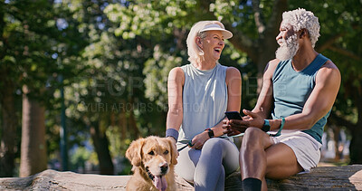Buy stock photo Mature couple, dog and park with phone and funny joke with social media and pet outdoor. Morning, love and laugh of interracial relationship with animal, fitness break and tech with golden retriever