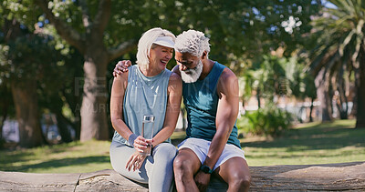 Buy stock photo Break, fitness and hug with mature couple in park together for exercise, running or training. Laughing, rest or water with interracial man and woman outdoor for cardio, health or wellness activity