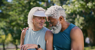 Buy stock photo Break, exercise and hug with mature couple in park together for fitness, running or training. Funny, laughing or rest with interracial man and woman outdoor for cardio, health or wellness activity