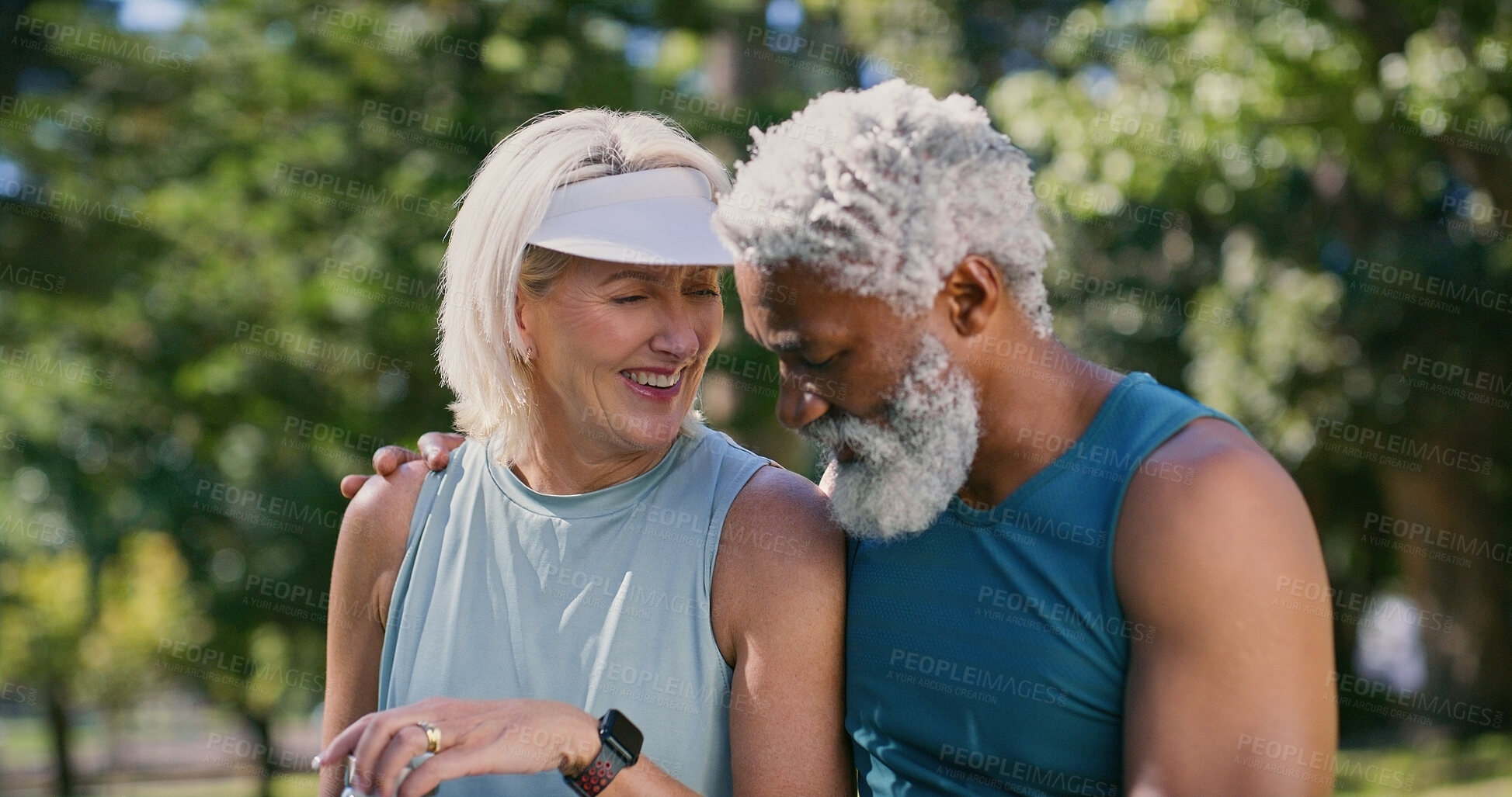 Buy stock photo Break, exercise and hug with mature couple in park together for fitness, running or training. Funny, laughing or rest with interracial man and woman outdoor for cardio, health or wellness activity