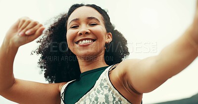 Buy stock photo Portrait, woman and fun for dancing outdoor with energy, movement and vacation for summer fun. Smile, person and music rhythm with freedom, holiday weekend and playful trip for travel entertainment 