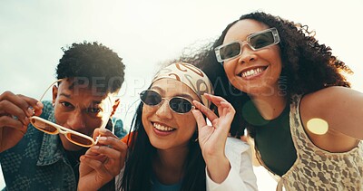 Buy stock photo Happy friends, portrait and beach with sunglasses for selfie, photography or memory together in nature. People, friendship or smile with shades for picture, travel or summer vacation by ocean coast