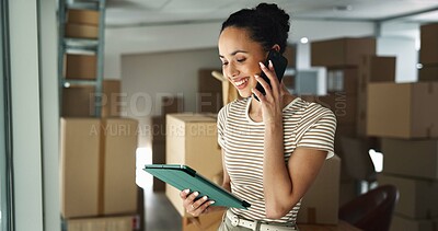 Buy stock photo Phone call, supply chain and woman on tablet with boxes for shipping, online orders and ecommerce. Business, startup and person talking for production, distribution or delivery logistics in factory