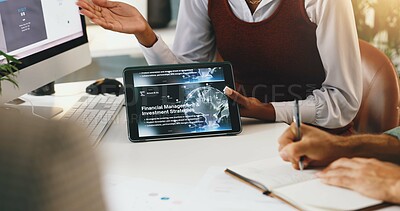 Buy stock photo Business people, hands or meeting with tablet screen for financial management, interface or accounting software. Closeup, web designer or technology with display for UX, investment or AI development