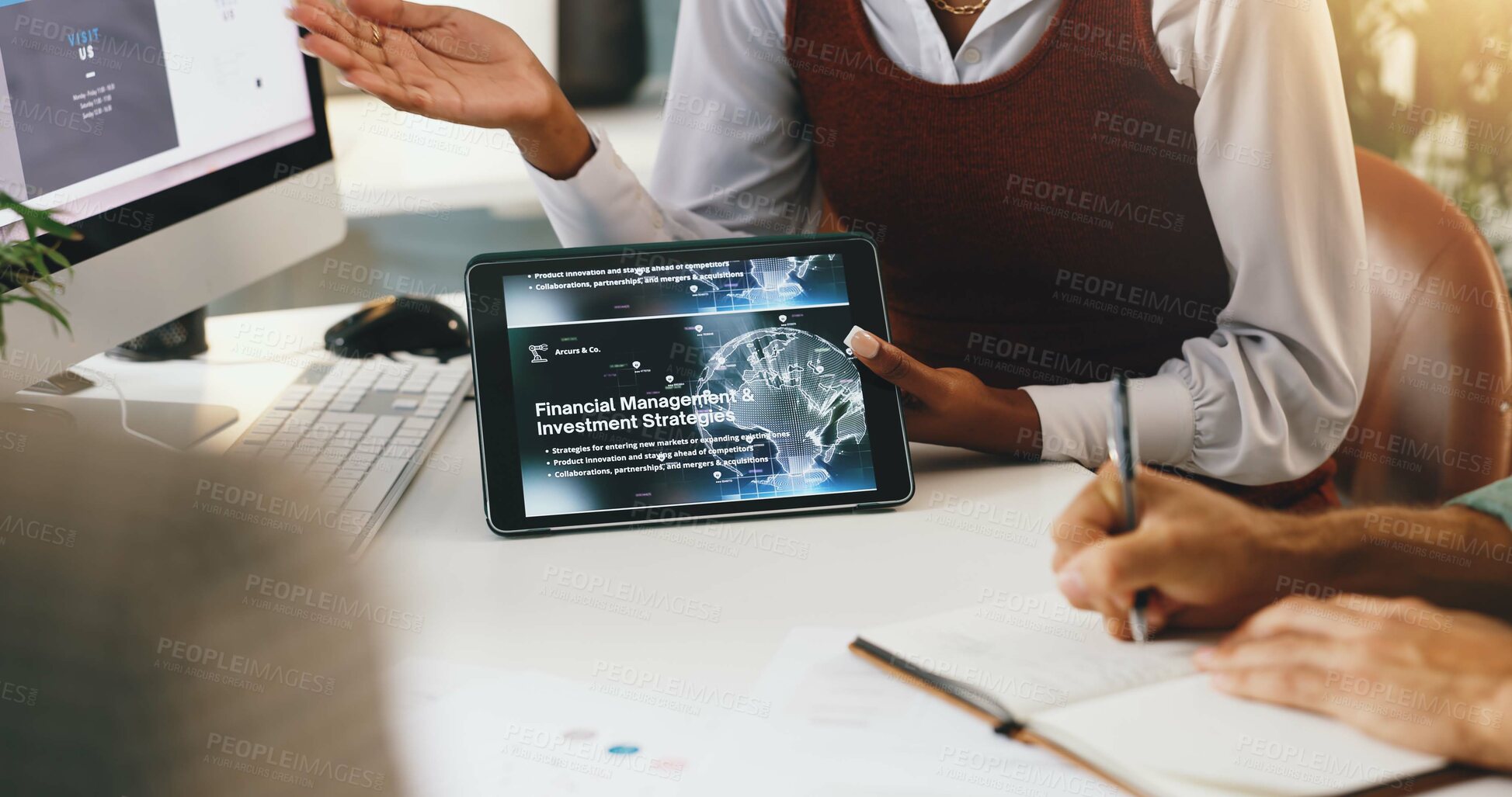 Buy stock photo Business people, hands or meeting with tablet screen for financial management, interface or accounting software. Closeup, web designer or technology with display for UX, investment or AI development