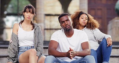Buy stock photo Portrait, confidence and group of friends on steps with attitude, opportunity or solidarity at dance academy. Diversity, man and women on campus with teamwork, creativity and students at university
