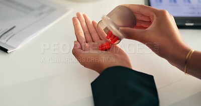 Buy stock photo Business woman, container and hands with pills for prescription drugs, vitamin tablets or medicine. Healthcare, person and capsules for supplement, medication treatment and illness recovery in office