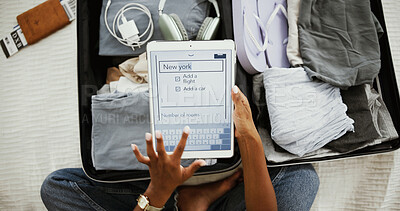Buy stock photo Suitcase, tablet screen and hands with woman at home for travel, online booking and new york destination. Airline ticket, luggage and above with person and search for departure, passport and schedule