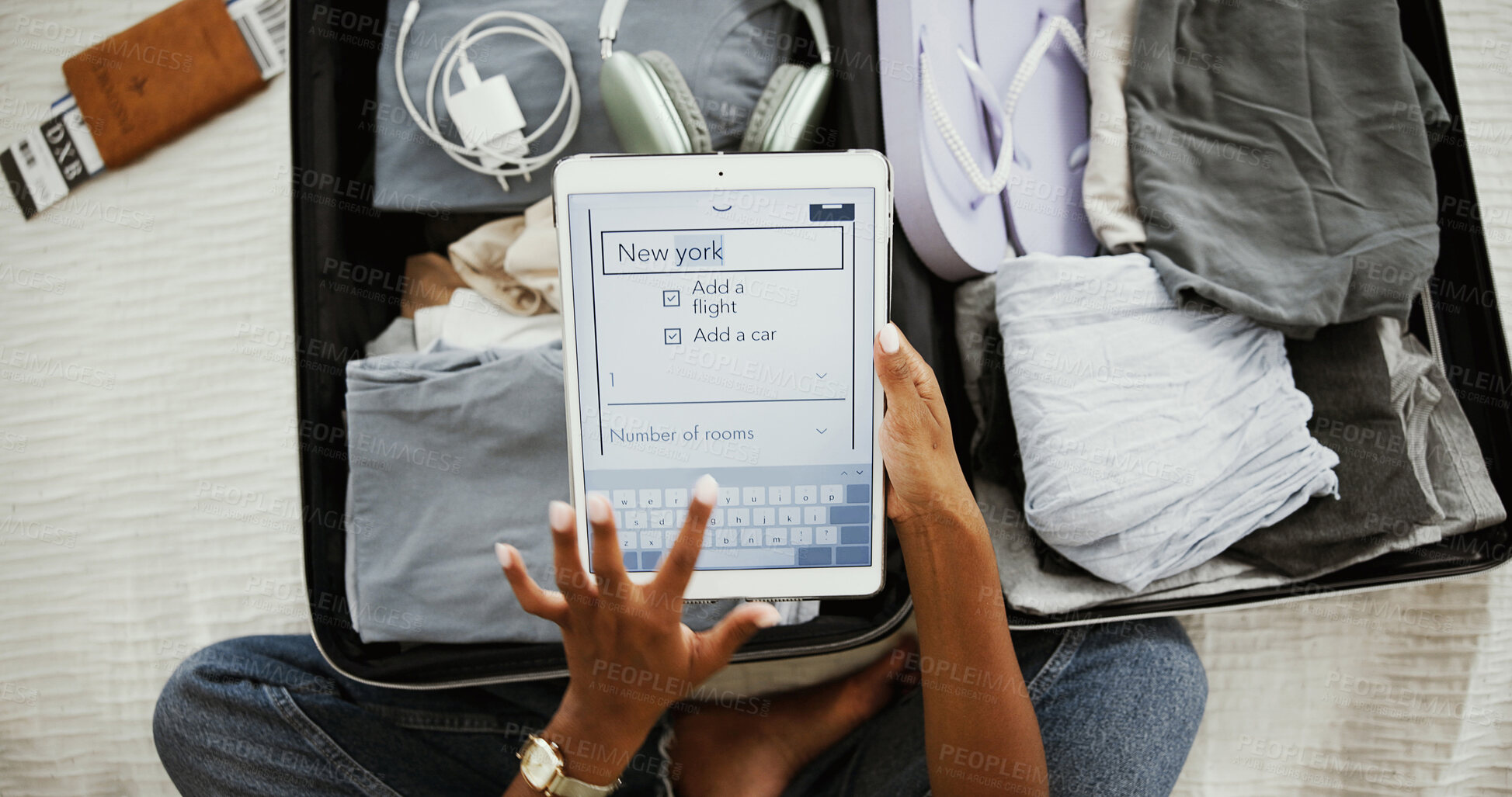 Buy stock photo Suitcase, tablet screen and hands with woman at home for travel, online booking and new york destination. Airline ticket, luggage and above with person and search for departure, passport and schedule