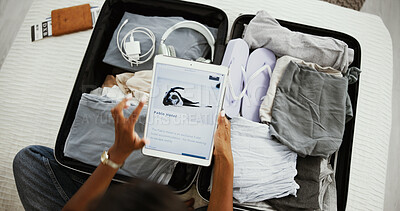 Buy stock photo Woman, hands or tablet screen with suitcase for hotel accomodation, holiday or browsing website above at home. Top view, female person and technology with display or luggage for online getaway or app
