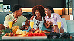 Conversation, laughing and group of friends on sofa with snacks, fruit and mimosa on weekend. Happy, fun and people enjoying platter with drinks in living room for gossip, talking or bonding in home
