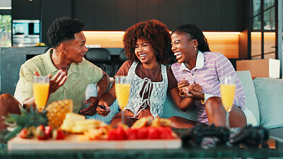 Buy stock photo Conversation, laughing and group of friends on sofa with snacks, fruit and mimosa on weekend. Happy, fun and people enjoying platter with drinks in living room for gossip, talking or bonding in home