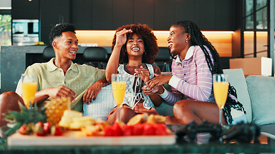 Buy stock photo Conversation, laugh and group of friends on sofa with snacks, fruit and mimosa on weekend. Happy, fun and people enjoying platter with drinks in living room for gossip, talking or bonding in home.