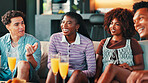 Talking, watching tv and friends in home for relax, laughing and bonding together. Living room, group and people streaming television for entertainment, comedy movie and social gathering with drinks