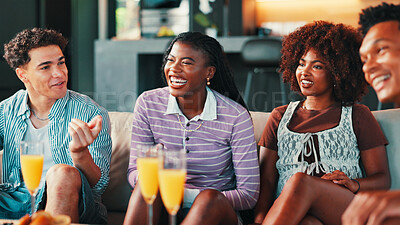Buy stock photo Talking, watching tv and friends in home for relax, laughing and bonding together. Living room, group and people streaming television for entertainment, comedy movie and social gathering with drinks