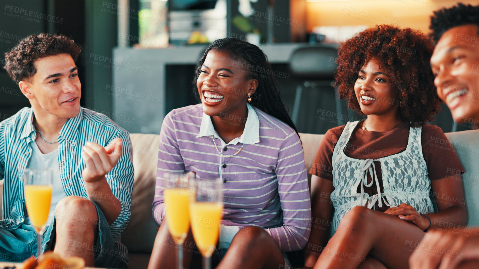 Buy stock photo Talking, watching tv and friends in home for relax, laughing and bonding together. Living room, group and people streaming television for entertainment, comedy movie and social gathering with drinks