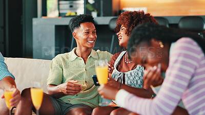 Buy stock photo Talking, laughing and group of friends on sofa drinking mimosas on weekend together. Conversation, fun and people enjoying drinks in living room for gossip or bonding in home for social event.
