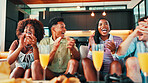 Friends, excited and watching tv with celebration on sofa for sports goal, football team support or applause. Drinks, people and group live streaming game with competition passion and winning in home