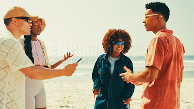 Buy stock photo Travel, friends and group on vacation, conversation and discussion for tourism of tropical island. Beach, talking and people with shades on summer holiday, outdoor and planning for sightseeing