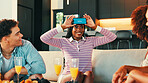 Acting, game and phone with friends in living room of home together for bonding or social gathering. Action, app and explain with people guessing in apartment for challenge, competition or reunion