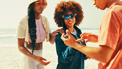 Buy stock photo Beach, friends and people with smartphone, vacation and bonding together with weekend break. Travel, seaside and group with cellphone, conversation and social media with connection and summer holiday