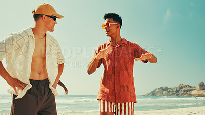 Buy stock photo Men, friends and talking on beach outdoor of summer vacation, travel reunion and hangout discussion. People, explaining and sunglasses for tropical holiday, bonding together and sea tourism on island