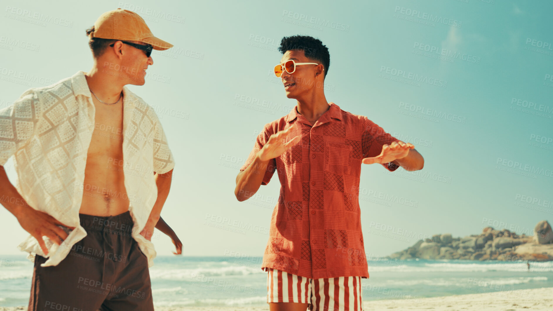 Buy stock photo Men, friends and talking on beach outdoor of summer vacation, travel reunion and hangout discussion. People, explaining and sunglasses for tropical holiday, bonding together and sea tourism on island