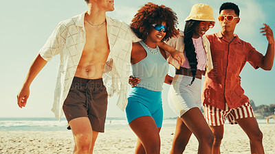 Buy stock photo Happy, fashion and friends walking on beach for summer vacation, holiday and adventure together. Nature, travel and men and women by ocean or sea for bonding, relax and laughing on weekend outdoors