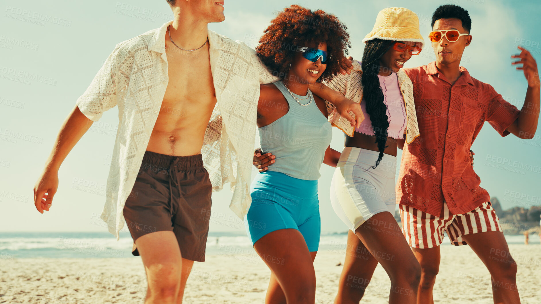 Buy stock photo Happy, fashion and friends walking on beach for summer vacation, holiday and adventure together. Nature, travel and men and women by ocean or sea for bonding, relax and laughing on weekend outdoors