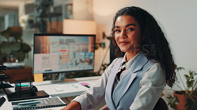 Office, editor and portrait of business woman on computer for digital magazine, publishing and journalism. Creative, editorial agency and person online for article, report or research for publication