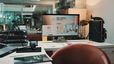 Buy stock photo Empty office, computer and monitor on desk for business strategy, call center and digital display. Interior, workplace and screen on table with pc for company growth info, website or customer service