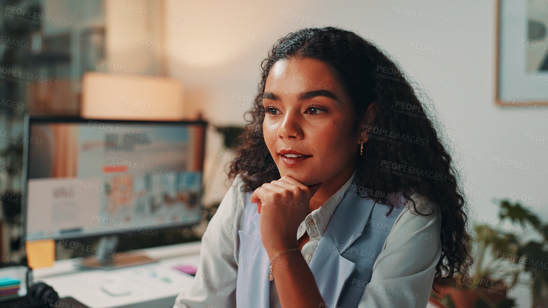 Buy stock photo Thinking, editor and business woman on computer for digital magazine, publishing and journalism. Creative office, media agency and person online for article, report and brainstorming for publication