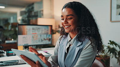 Buy stock photo Tablet, research and businesswoman in office with reading for online review at magazine agency. Happy, digital technology and female editor working on creative project for with journalism career.